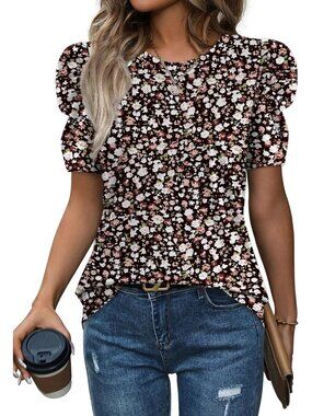 👑 Women's Floral Black Puff Sleeve Summer Crew Neck Casual Dressy T Shirt Tops